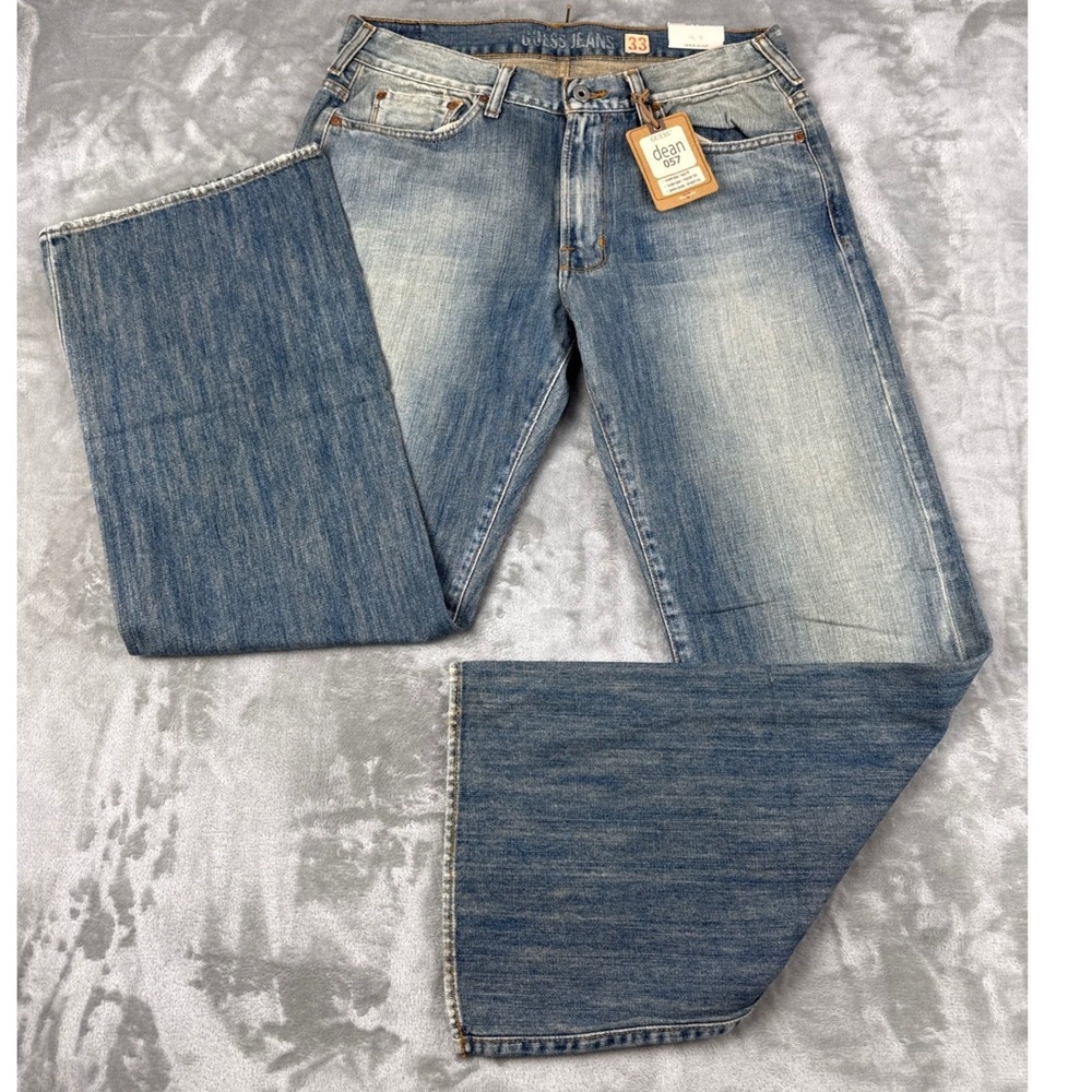 Guess Jeans Dean 057 Men 33x30 Relaxed Straight Leg Medium Wash Distressed Denim